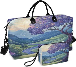 Watercolor Tree River Landscape Sports Gym Bag for Women Men Travel Duffel Bag Weekend Overnight Carry on Bag with Toiletry Bag Air Travel Bag for Workout Swimming Yoga Plane Hospital