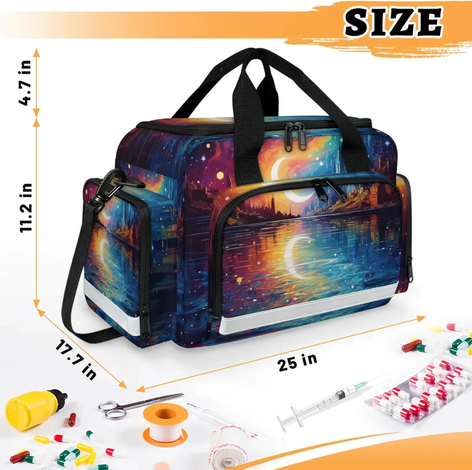 Waterproof Tactical Duffle Bag 25" Carry On Bag for EMT Tear-Resistant Gym Bag with Multi-Pocket & OSHA Reflective Travel Bags for Men Women Abstract Moon City
