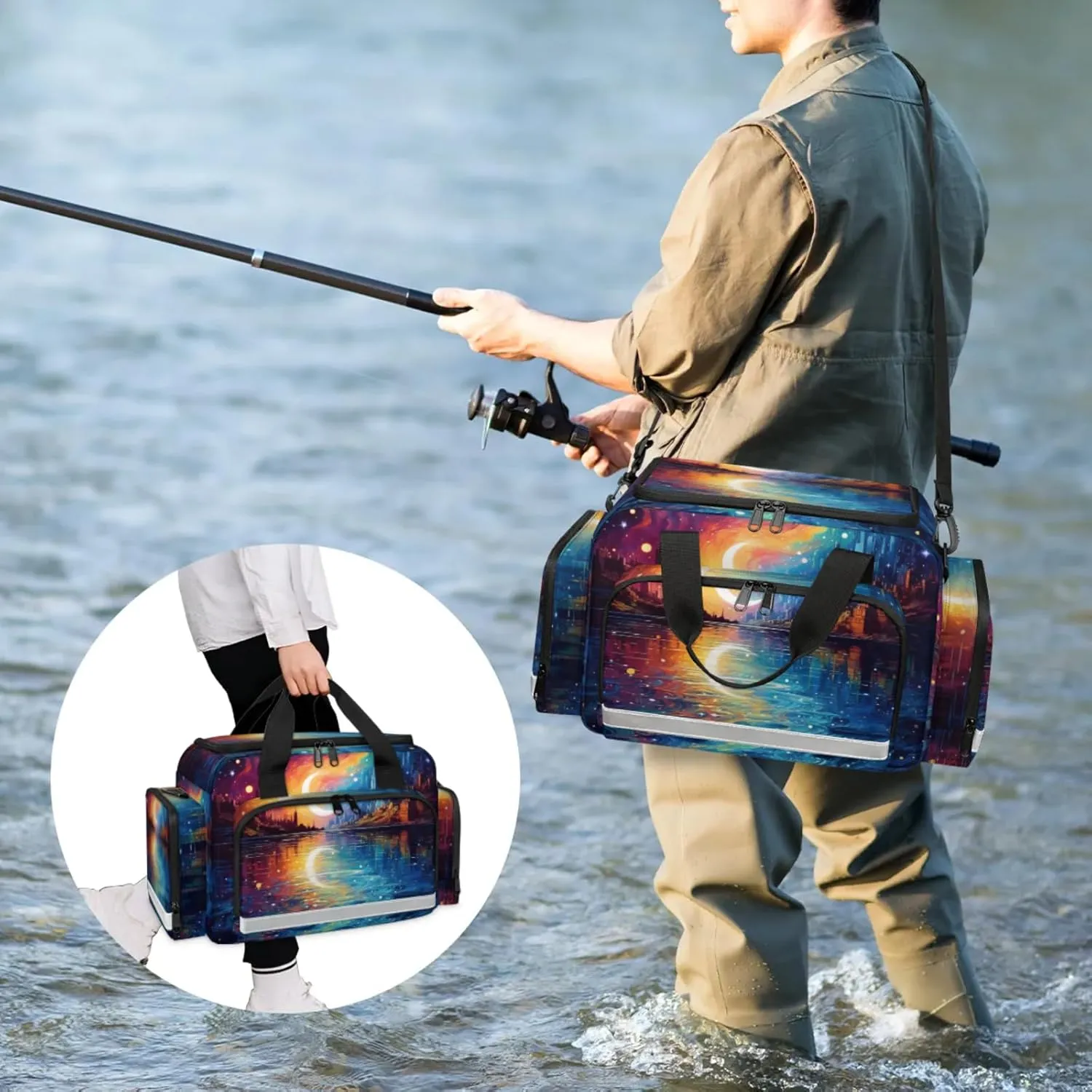 Waterproof Tactical Duffle Bag 25" Carry On Bag for EMT Tear-Resistant Gym Bag with Multi-Pocket & OSHA Reflective Travel Bags for Men Women Abstract Moon City