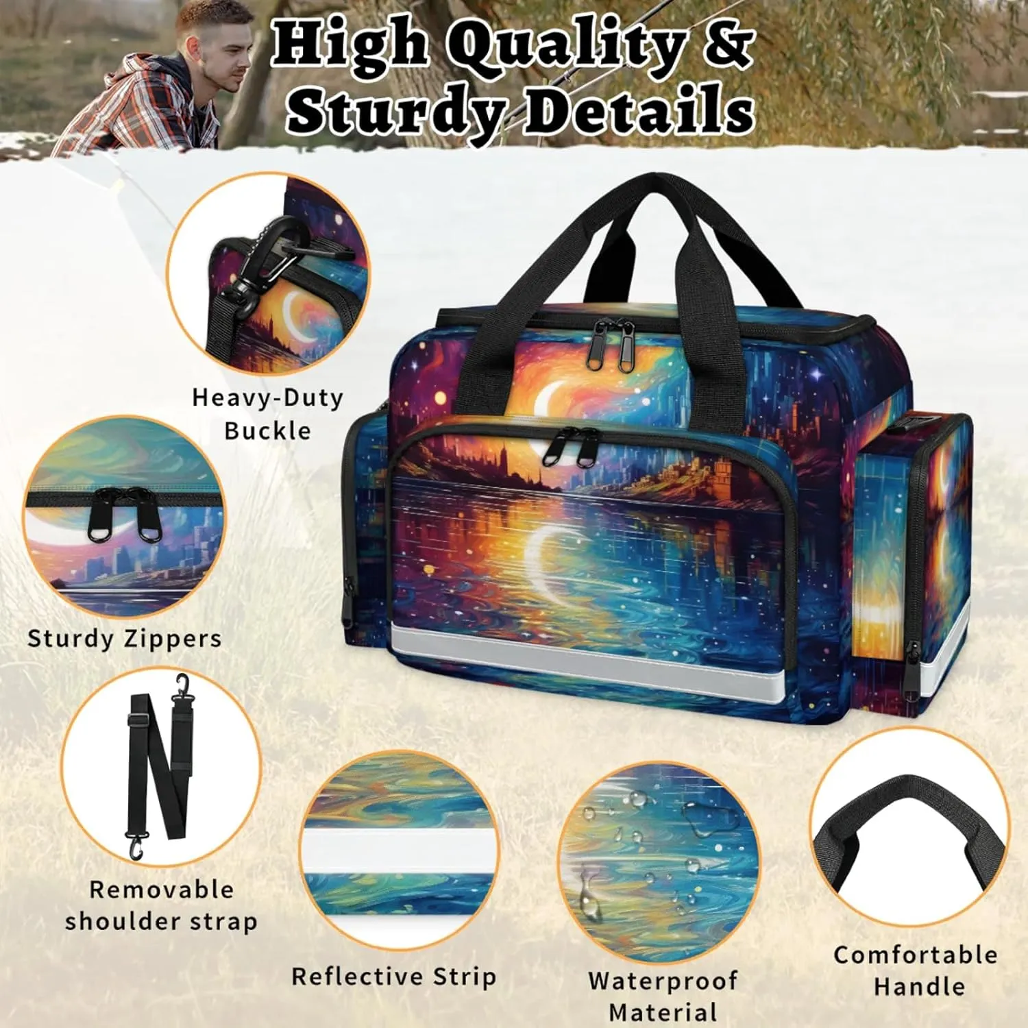 Waterproof Tactical Duffle Bag 25" Carry On Bag for EMT Tear-Resistant Gym Bag with Multi-Pocket & OSHA Reflective Travel Bags for Men Women Abstract Moon City