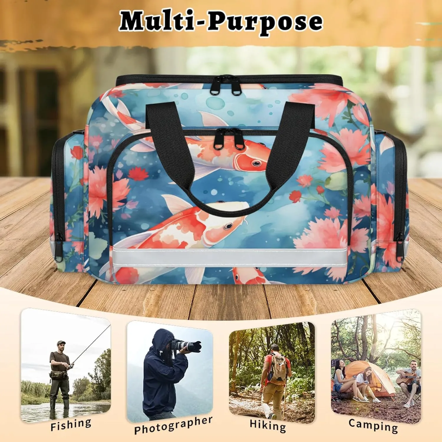 Waterproof Tactical Duffle Bag 25" Carry On Bag for EMT Tear-Resistant Gym Bag with Multi-Pocket & OSHA Reflective Travel Bags for Men Women Fishes Flowers