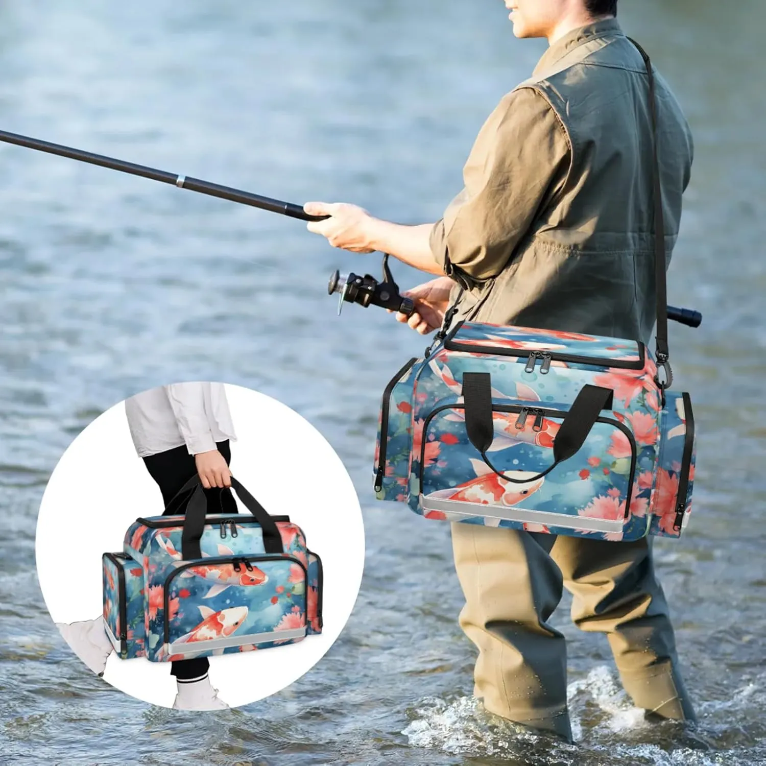 Waterproof Tactical Duffle Bag 25" Carry On Bag for EMT Tear-Resistant Gym Bag with Multi-Pocket & OSHA Reflective Travel Bags for Men Women Fishes Flowers