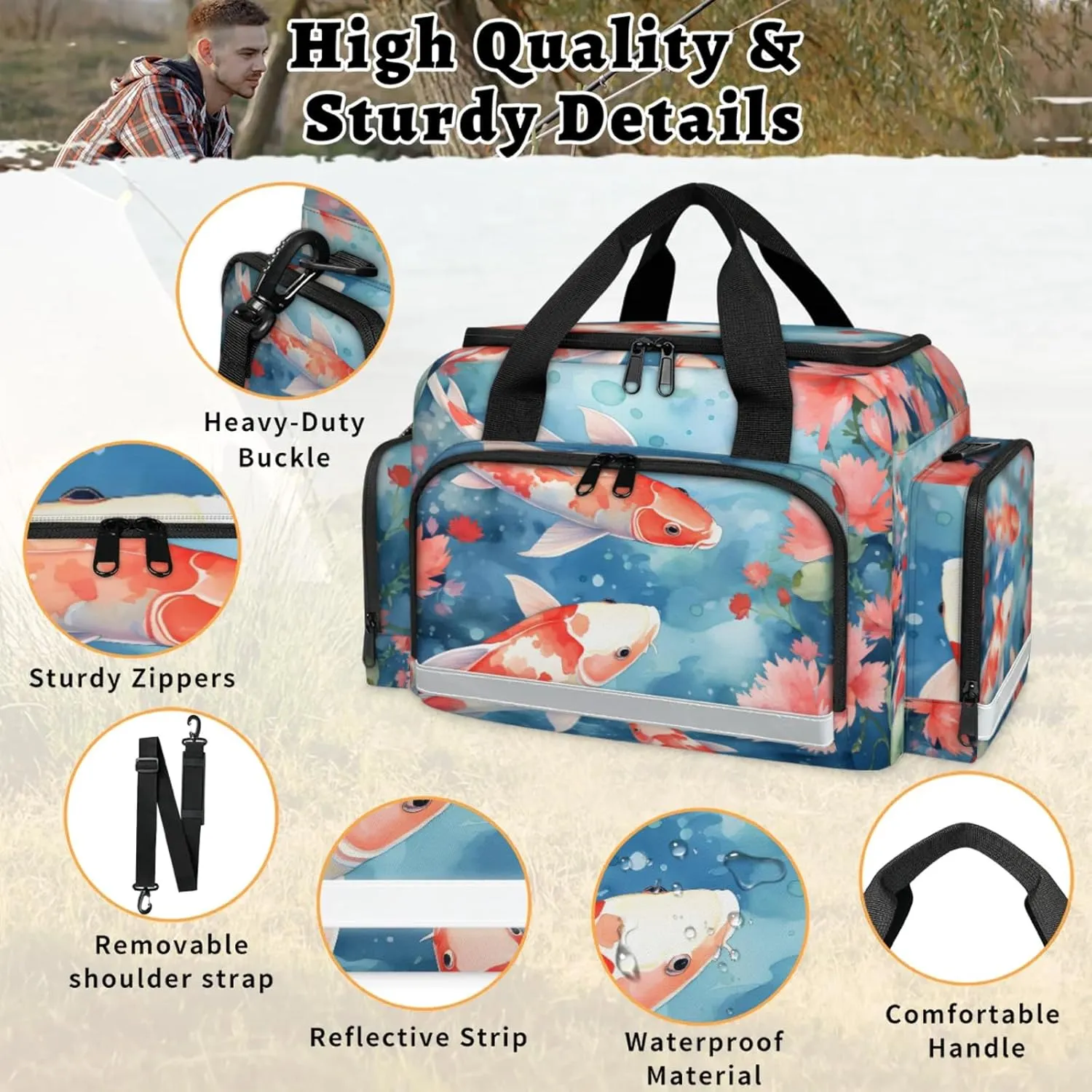 Waterproof Tactical Duffle Bag 25" Carry On Bag for EMT Tear-Resistant Gym Bag with Multi-Pocket & OSHA Reflective Travel Bags for Men Women Fishes Flowers