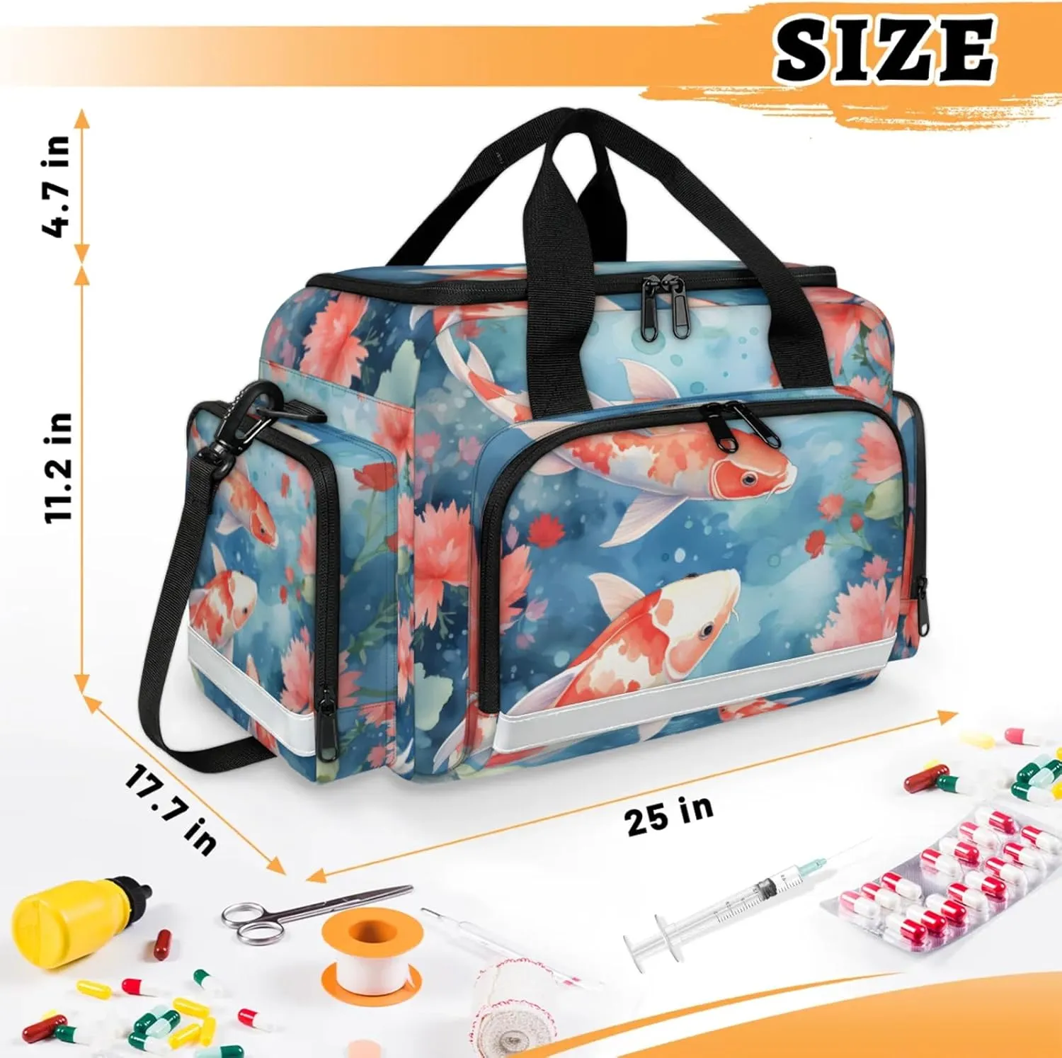 Waterproof Tactical Duffle Bag 25" Carry On Bag for EMT Tear-Resistant Gym Bag with Multi-Pocket & OSHA Reflective Travel Bags for Men Women Fishes Flowers