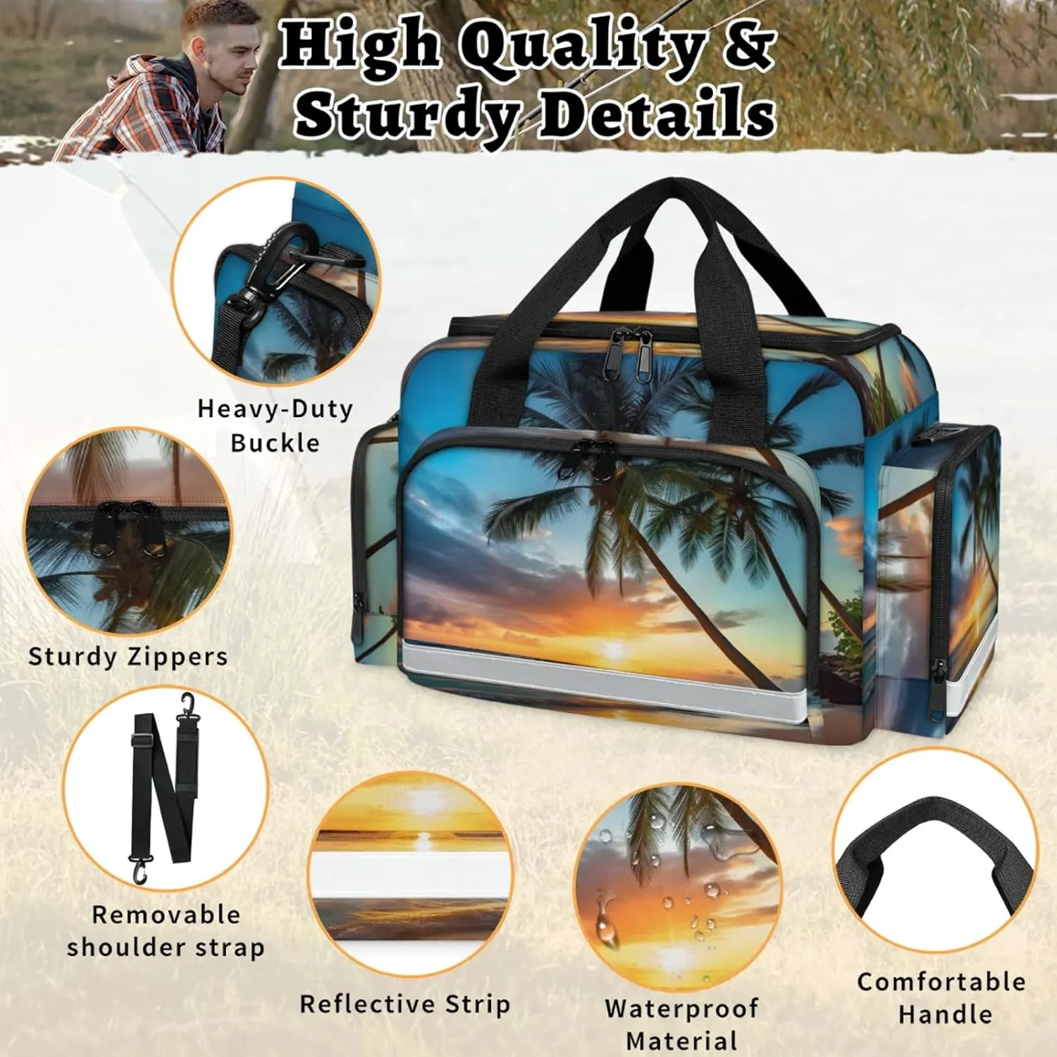 Waterproof Tactical Duffle Bag 25" Carry On Bag for EMT Tear-Resistant Gym Bag with Multi-Pocket & OSHA Reflective Travel Bags for Men Women Palm Tree Seaside Scenery