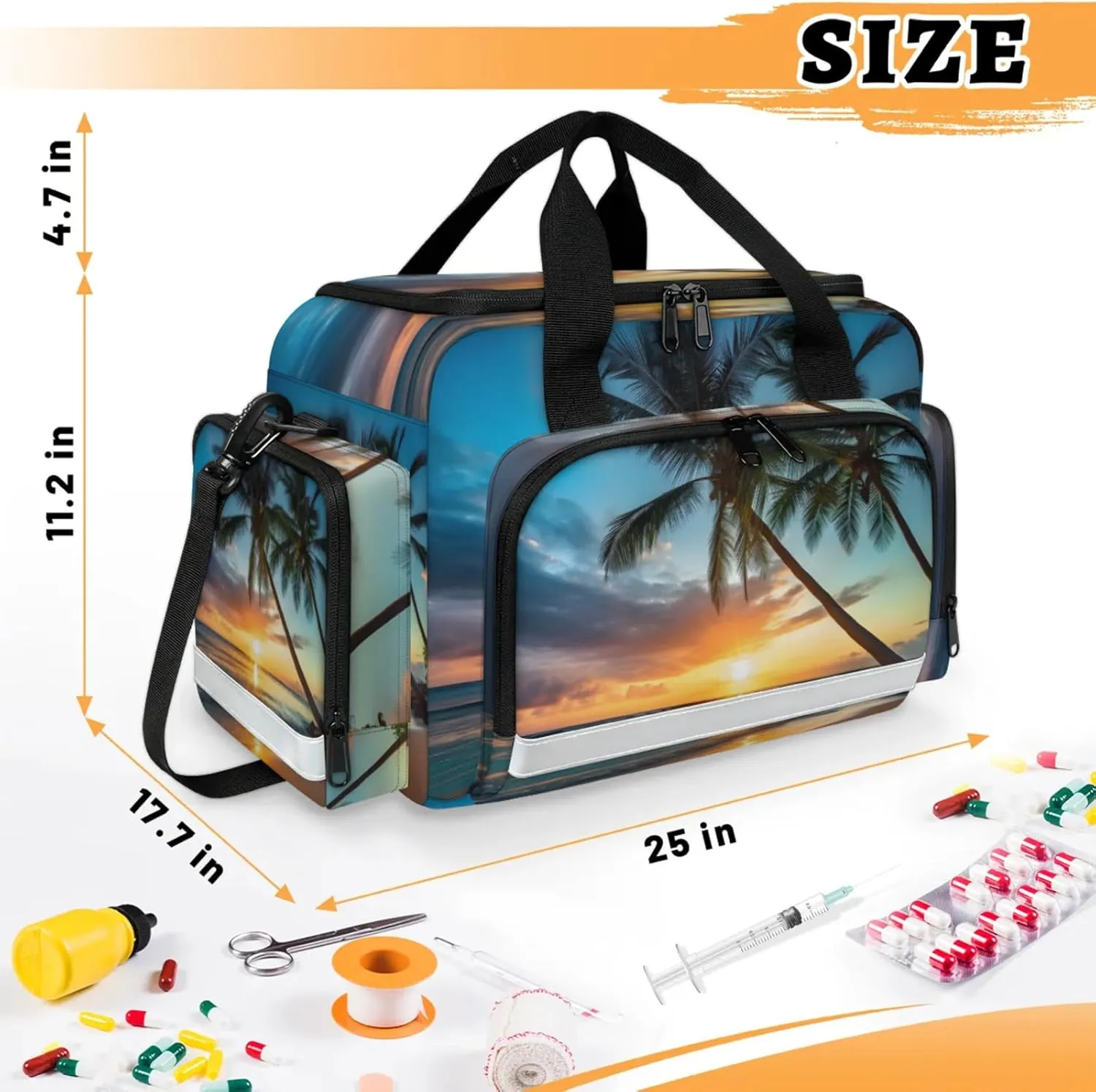 Waterproof Tactical Duffle Bag 25" Carry On Bag for EMT Tear-Resistant Gym Bag with Multi-Pocket & OSHA Reflective Travel Bags for Men Women Palm Tree Seaside Scenery