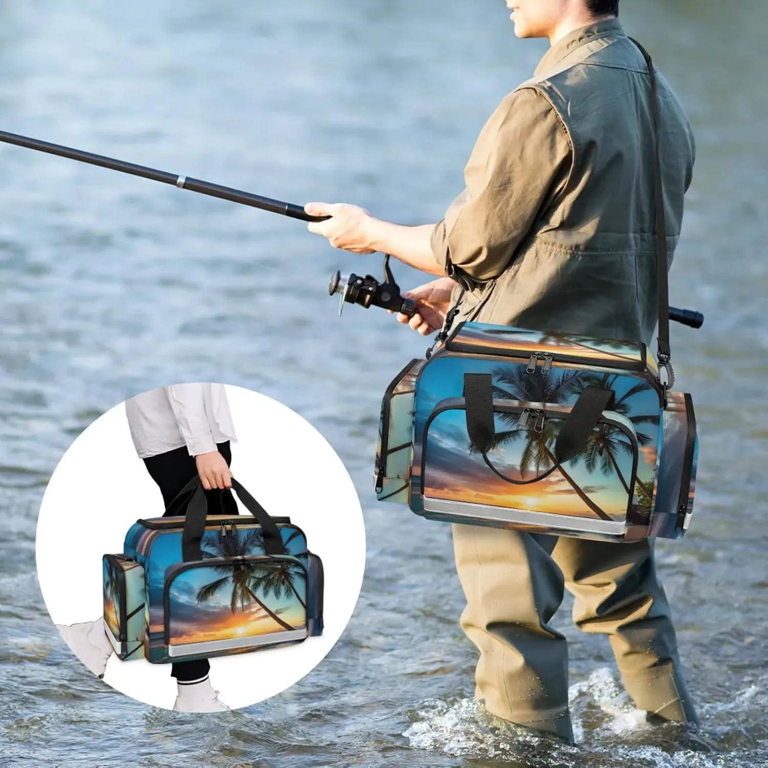 Waterproof Tactical Duffle Bag 25" Carry On Bag for EMT Tear-Resistant Gym Bag with Multi-Pocket & OSHA Reflective Travel Bags for Men Women Palm Tree Seaside Scenery
