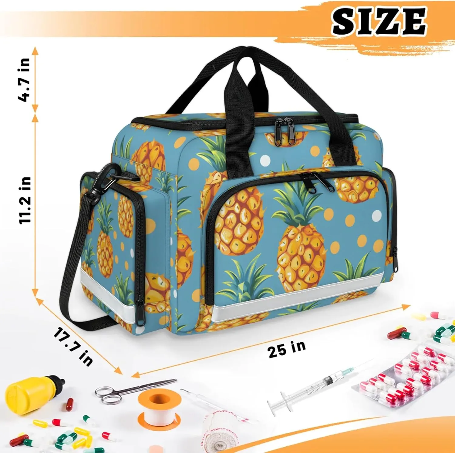 Waterproof Tactical Duffle Bag 25" Carry On Bag for EMT Tear-Resistant Gym Bag with Multi-Pocket & OSHA Reflective Travel Bags for Men Women Pineapple Dots