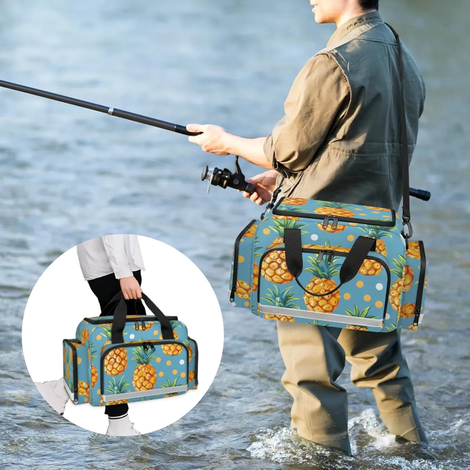 Waterproof Tactical Duffle Bag 25" Carry On Bag for EMT Tear-Resistant Gym Bag with Multi-Pocket & OSHA Reflective Travel Bags for Men Women Pineapple Dots