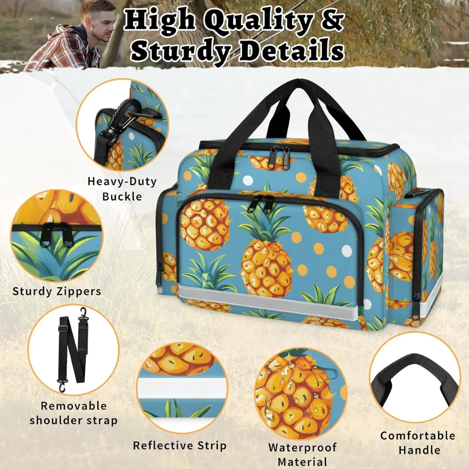 Waterproof Tactical Duffle Bag 25" Carry On Bag for EMT Tear-Resistant Gym Bag with Multi-Pocket & OSHA Reflective Travel Bags for Men Women Pineapple Dots