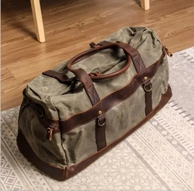 Waterproof Vintage Waxed Canvas   Genuine Leather Travel Duffle Bag