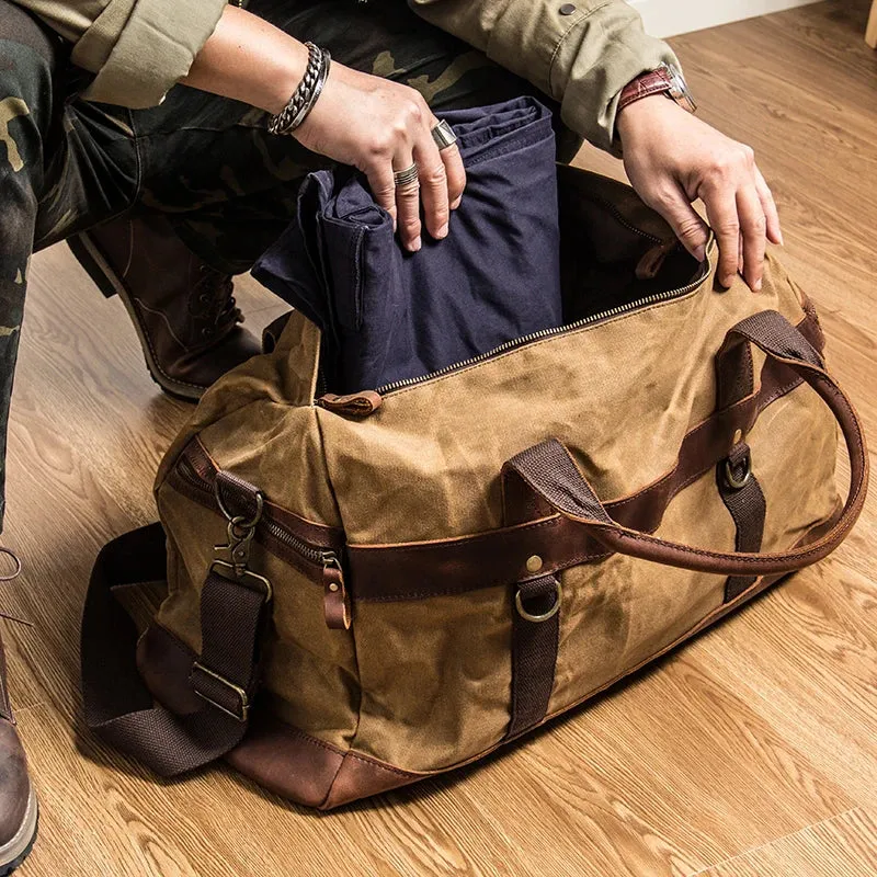 Waterproof Vintage Waxed Canvas   Genuine Leather Travel Duffle Bag