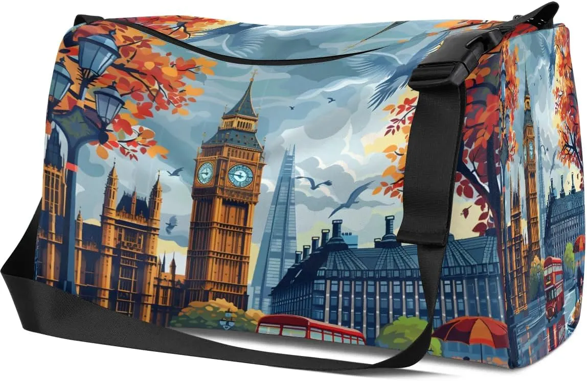 Weekend Bag City London Printing Lightweight Carry On Duffel Bag Waterproof Gym Bag Pu Leather Duffle Bag for Workout Travel Sport
