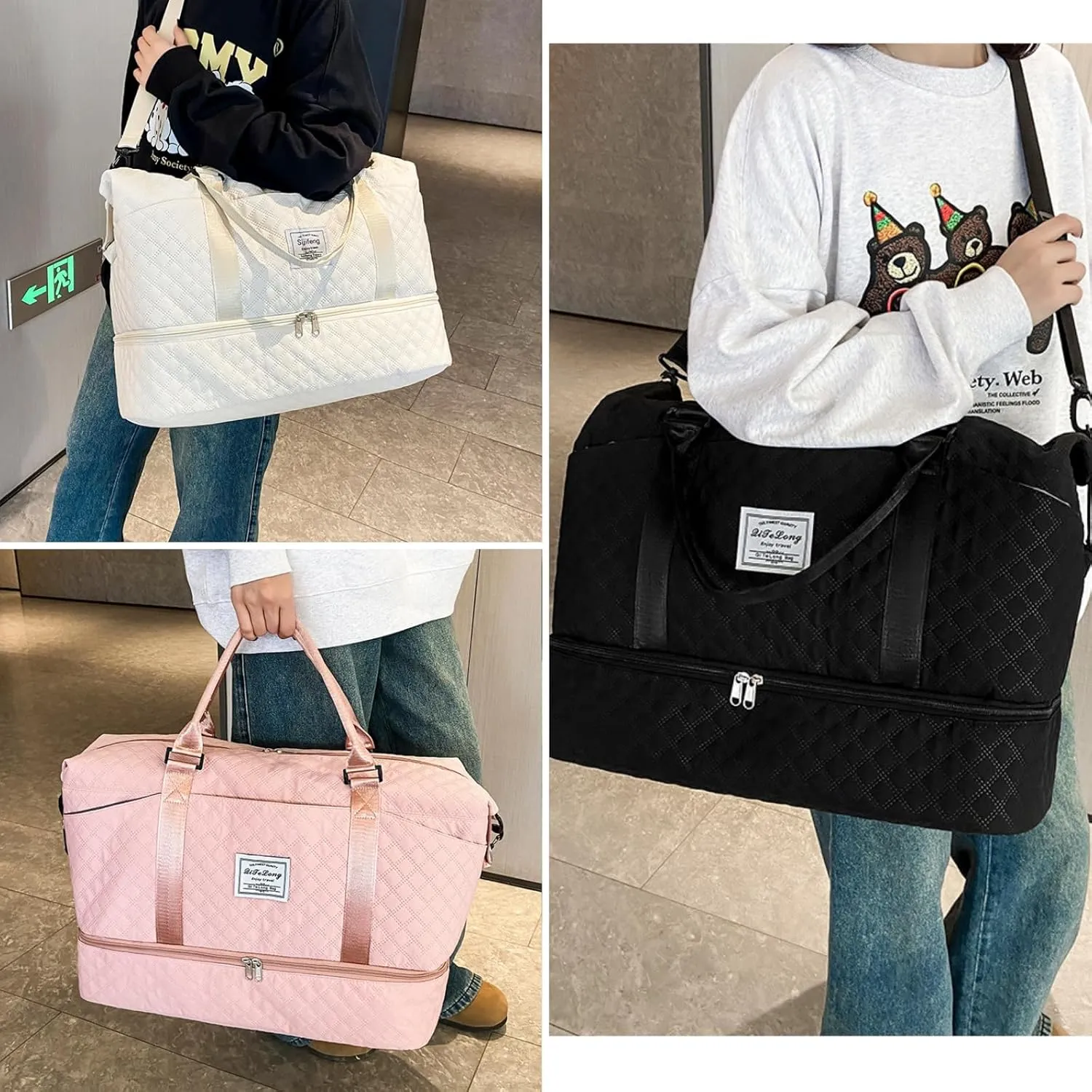 Weekender Bags for Women, Travel Duffel Bag with Shoe Compartment & Wet Pocket, Large Gym Sports Tote Bag, Maternity Hospital Overnight Bag with Toiletry Bag for Fitness, Work, Trips Black