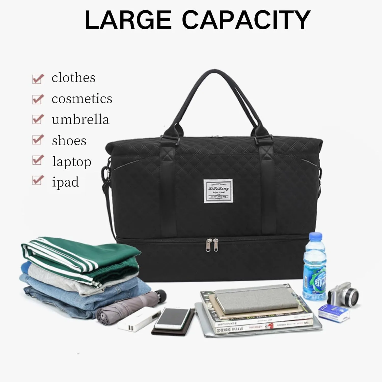 Weekender Bags for Women, Travel Duffel Bag with Shoe Compartment & Wet Pocket, Large Gym Sports Tote Bag, Maternity Hospital Overnight Bag with Toiletry Bag for Fitness, Work, Trips Black
