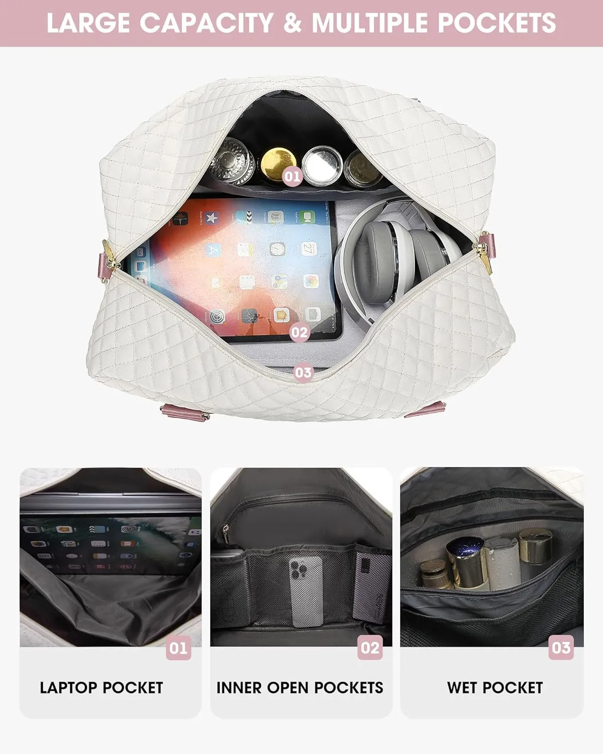 Weekender Travel Duffle Bag for Women: Overnight Bags with Shoe Compartment Carry on duffel Bag for Airplanes with 2 PCS Toiletry Bags Weekend Yoga Gym Hospital Bag with Wet Pocket Beige Pink