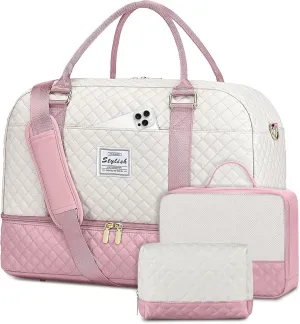 Weekender Travel Duffle Bag for Women: Overnight Bags with Shoe Compartment Carry on duffel Bag for Airplanes with 2 PCS Toiletry Bags Weekend Yoga Gym Hospital Bag with Wet Pocket Beige Pink