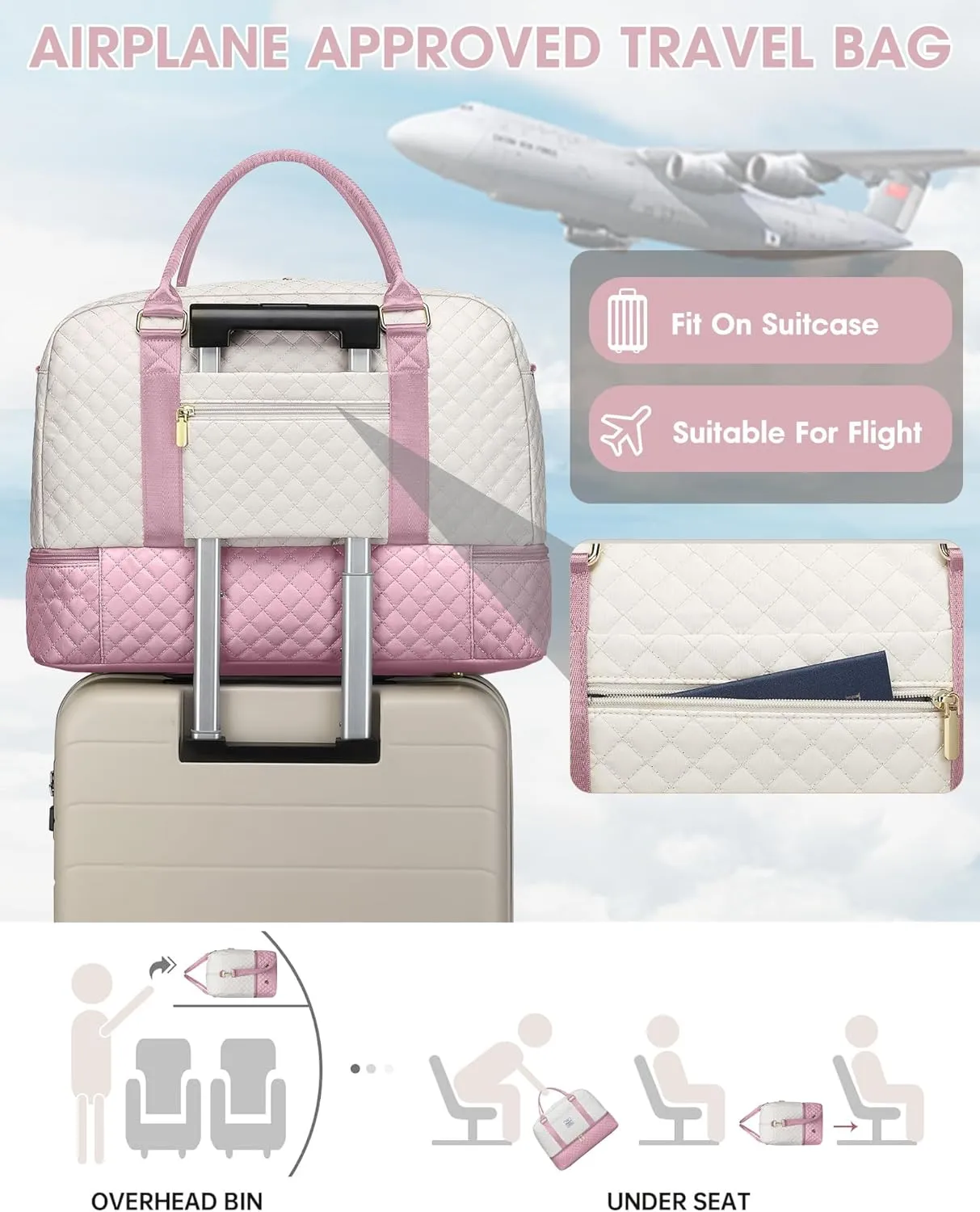 Weekender Travel Duffle Bag for Women: Overnight Bags with Shoe Compartment Carry on duffel Bag for Airplanes with 2 PCS Toiletry Bags Weekend Yoga Gym Hospital Bag with Wet Pocket Beige Pink