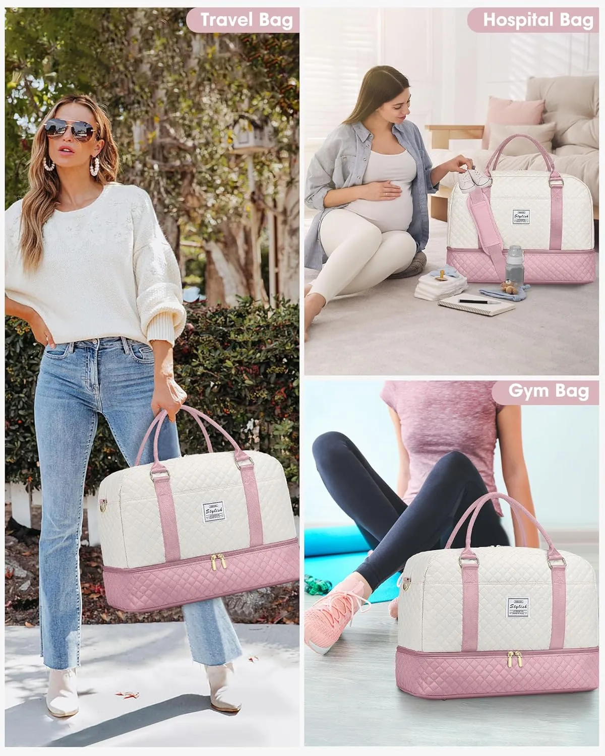 Weekender Travel Duffle Bag for Women: Overnight Bags with Shoe Compartment Carry on duffel Bag for Airplanes with 2 PCS Toiletry Bags Weekend Yoga Gym Hospital Bag with Wet Pocket Beige Pink