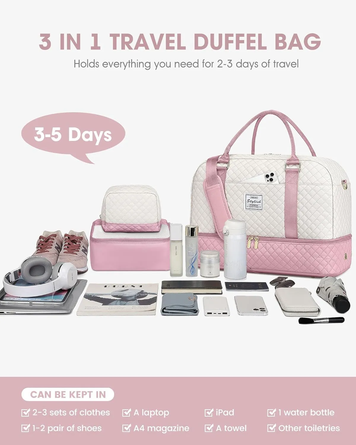 Weekender Travel Duffle Bag for Women: Overnight Bags with Shoe Compartment Carry on duffel Bag for Airplanes with 2 PCS Toiletry Bags Weekend Yoga Gym Hospital Bag with Wet Pocket Beige Pink