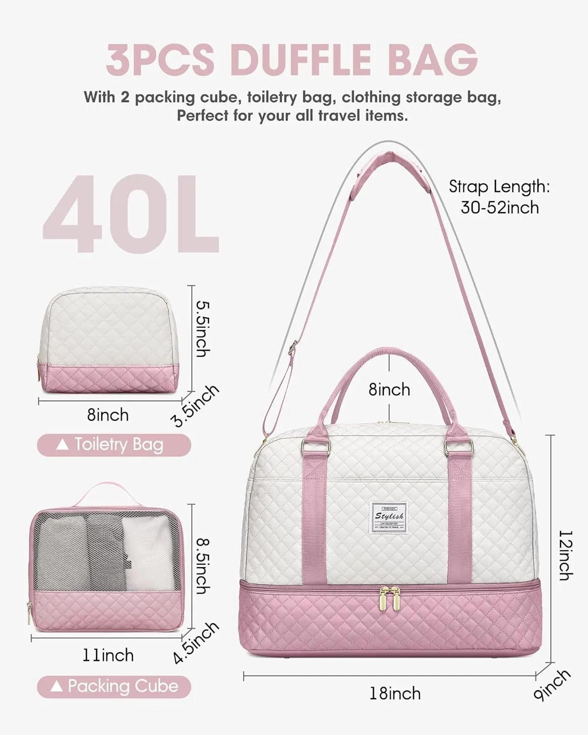 Weekender Travel Duffle Bag for Women: Overnight Bags with Shoe Compartment Carry on duffel Bag for Airplanes with 2 PCS Toiletry Bags Weekend Yoga Gym Hospital Bag with Wet Pocket Beige Pink