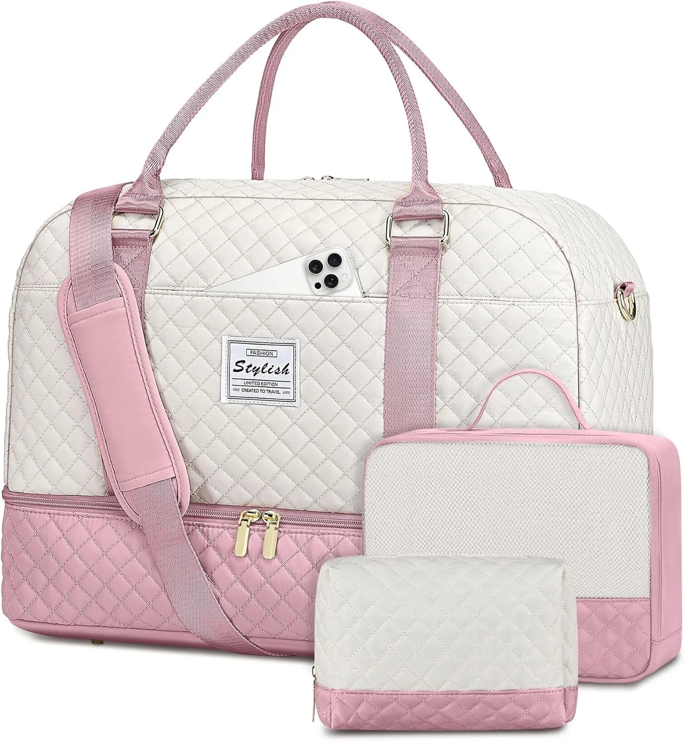Weekender Travel Duffle Bag for Women: Overnight Bags with Shoe Compartment Carry on duffel Bag for Airplanes with 2 PCS Toiletry Bags Weekend Yoga Gym Hospital Bag with Wet Pocket Beige Pink
