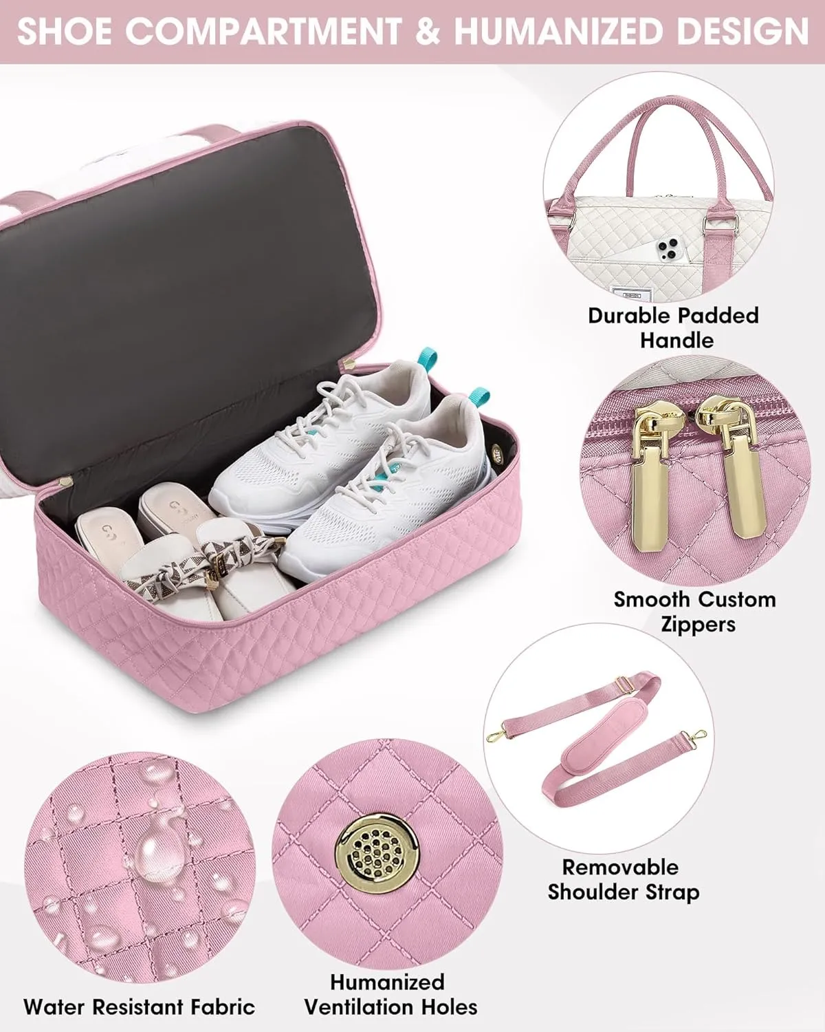 Weekender Travel Duffle Bag for Women: Overnight Bags with Shoe Compartment Carry on duffel Bag for Airplanes with 2 PCS Toiletry Bags Weekend Yoga Gym Hospital Bag with Wet Pocket Beige Pink