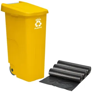 WELL HOME MOBILIARIO & DECORACIÓN Wellhome Recycle Container 110 litres Closed with Lid Ideal for Recycling Plastic with Wheels   3 x Waste Bags of 10 Units