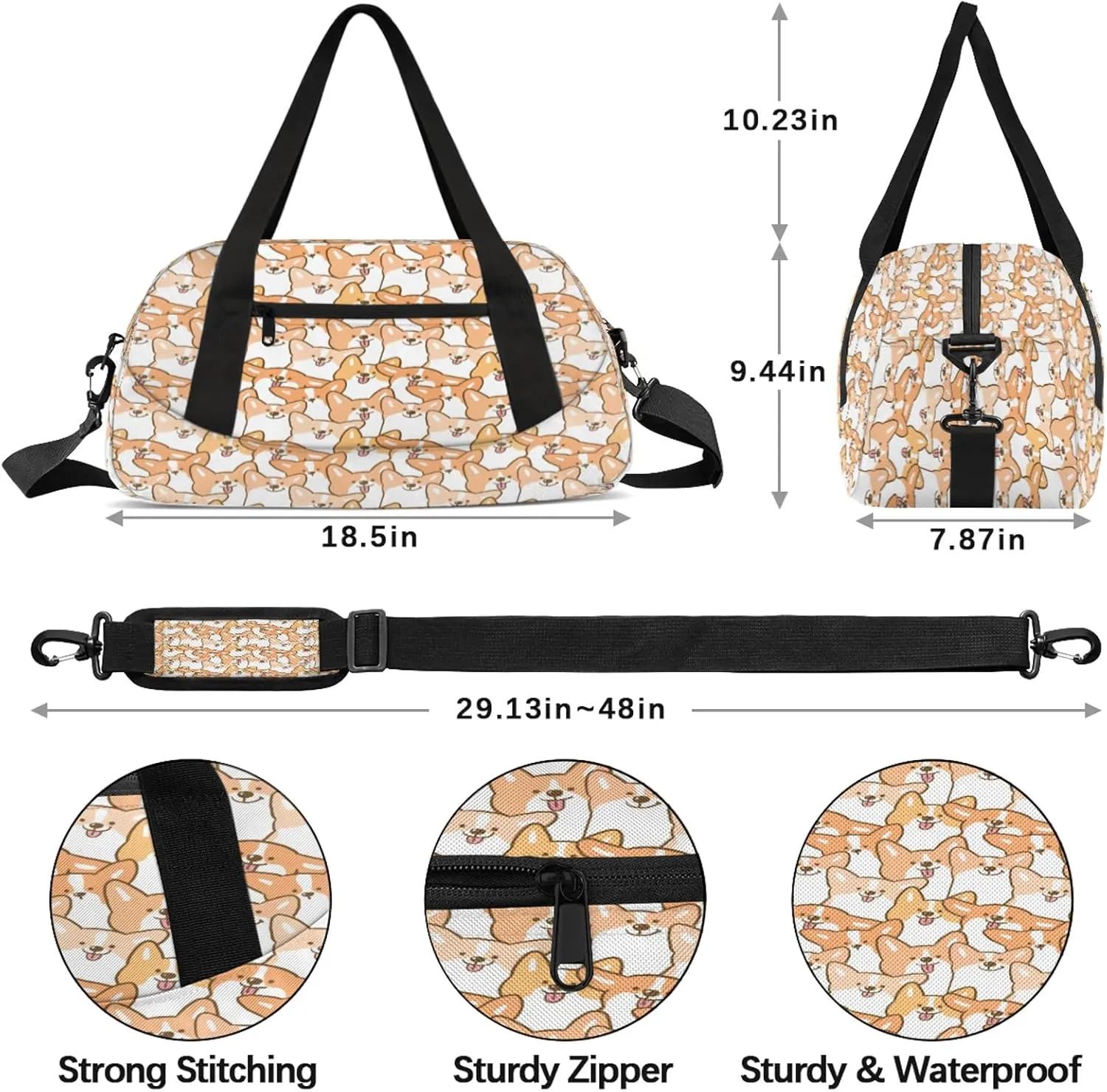Welsh Dog Pattern Kids Duffel Bag Lightweight Waterproof Sports Gym Bag with Front Zipper Pocket Foldable Weekender Overnight Bag for School Practice Gymnastic Ballet