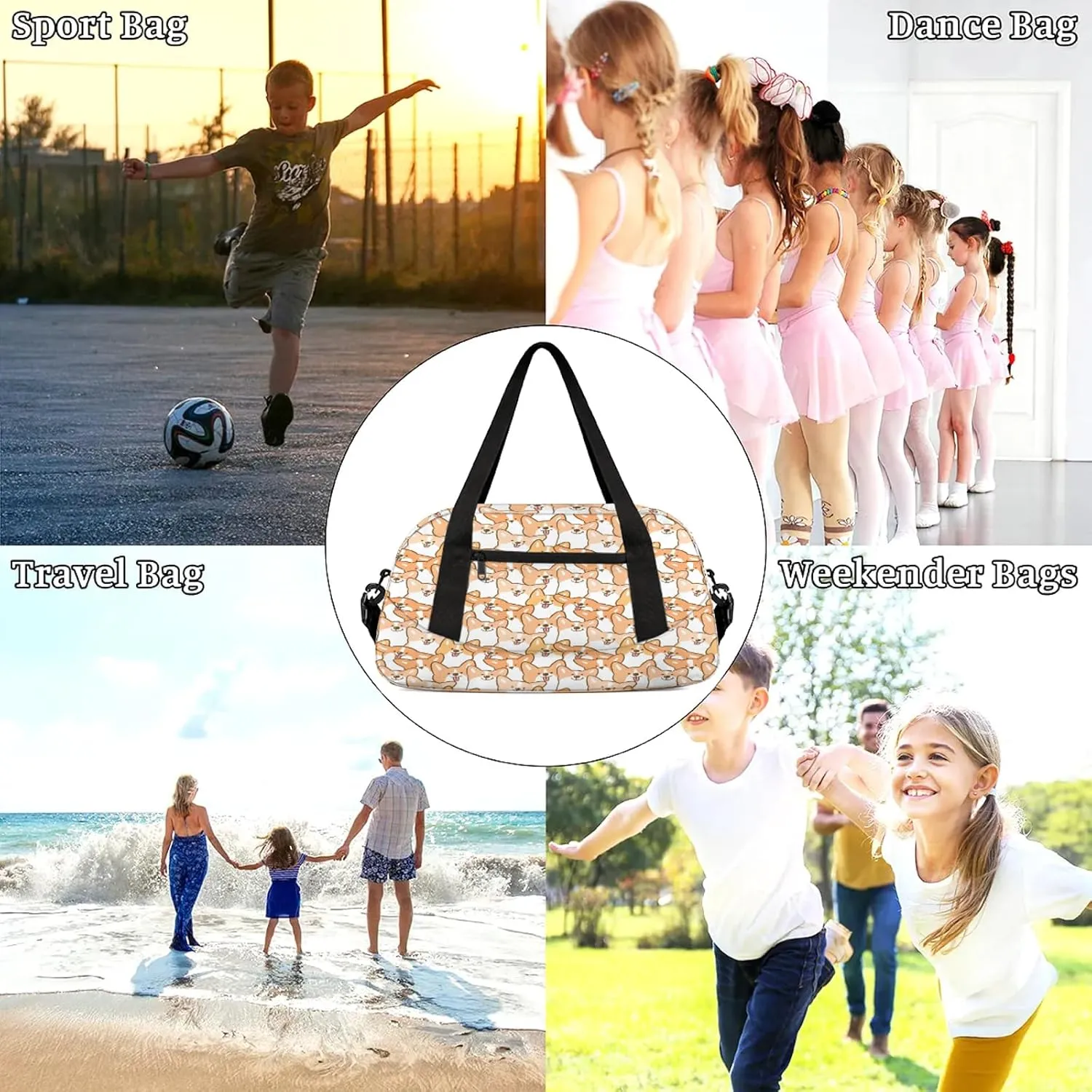 Welsh Dog Pattern Kids Duffel Bag Lightweight Waterproof Sports Gym Bag with Front Zipper Pocket Foldable Weekender Overnight Bag for School Practice Gymnastic Ballet