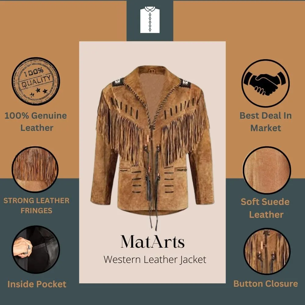 Western Cowboy Fringes Suede Leather Jacket for Men's - Native American and Bikers Style Classic Fashion Coat -Brown