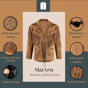 Western Cowboy Fringes Suede Leather Jacket for Men's - Native American and Bikers Style Classic Fashion Coat -Brown