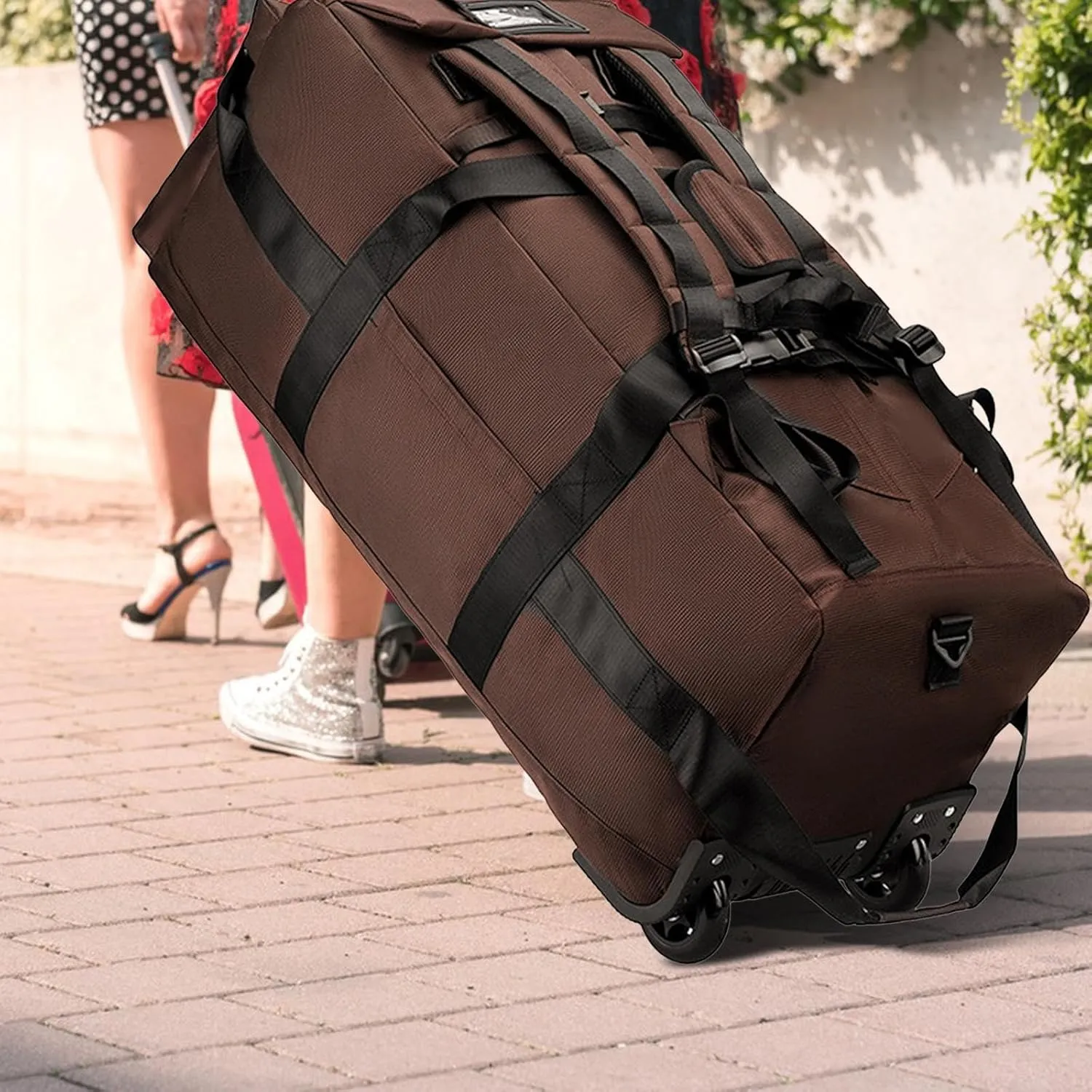 Wheeled Duffel Bag Rolling Garment Bag Large Portable Overnight Suitcase Backpack for Beach Business Trip Camping Storage Bag, Brown