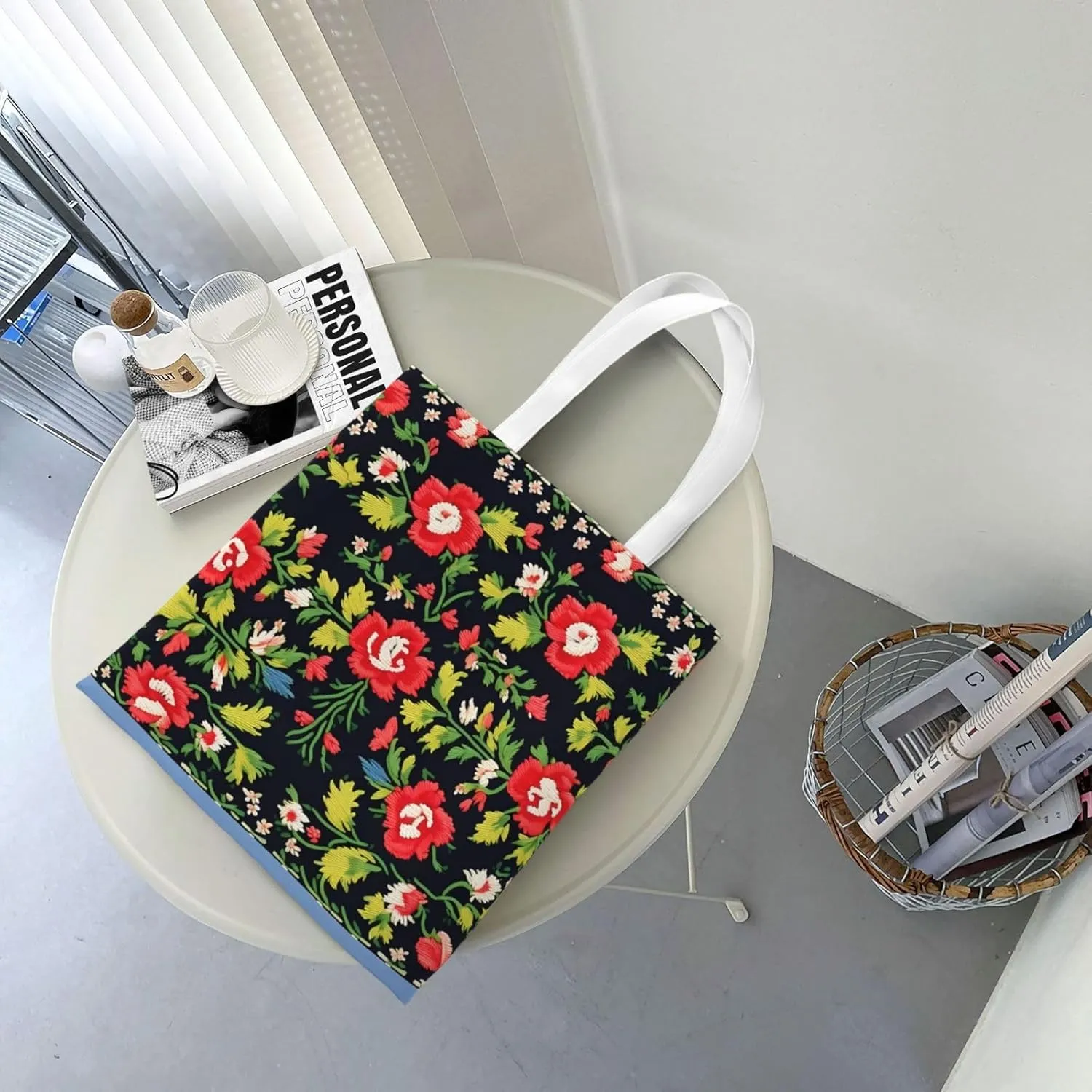 White Blue Daisy Canvas Tote Bags For Women Handbag Tote Purse,Canvas Crossbody Bag For Office, Travel, School