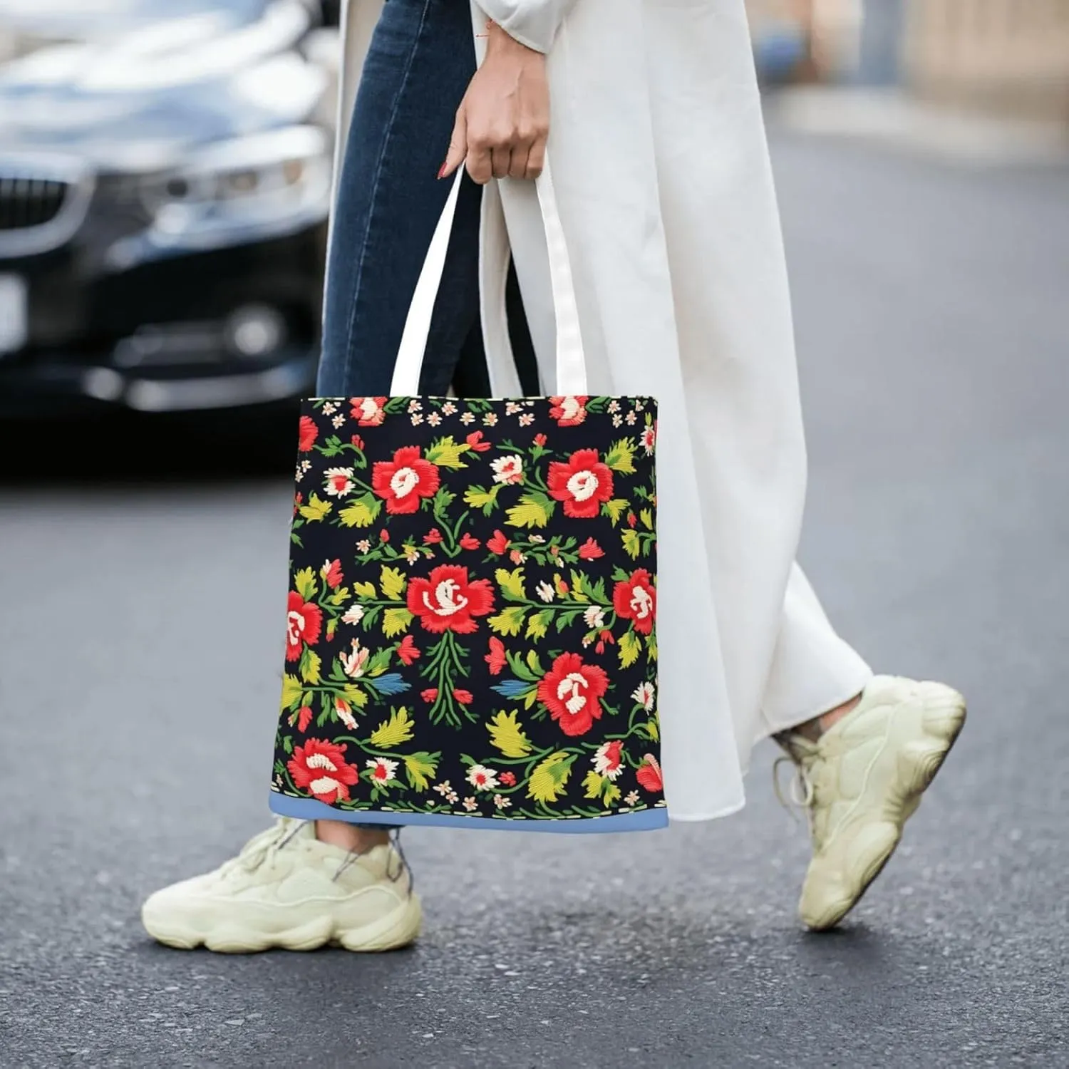 White Blue Daisy Canvas Tote Bags For Women Handbag Tote Purse,Canvas Crossbody Bag For Office, Travel, School