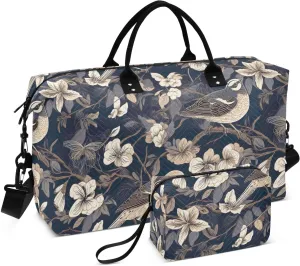 White Flower Sparrow Sports Gym Bag for Women Men Travel Duffel Bag Weekend Overnight Carry on Bag with Toiletry Bag Training Handbag for Hospital Plane Swimming Yoga Workout
