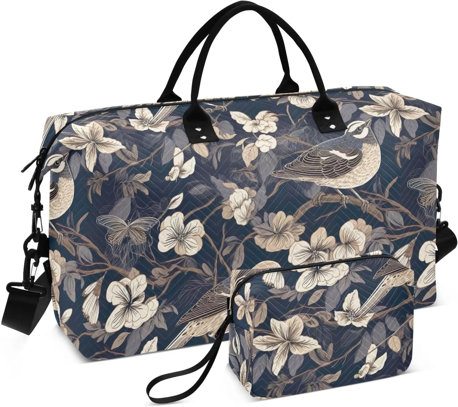 White Flower Sparrow Sports Gym Bag for Women Men Travel Duffel Bag Weekend Overnight Carry on Bag with Toiletry Bag Training Handbag for Hospital Plane Swimming Yoga Workout
