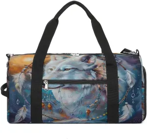 White Wolf with Dream-catcher Travel Gym Bag Sport Workout Duffel Bags with Compartments And Side Pocket