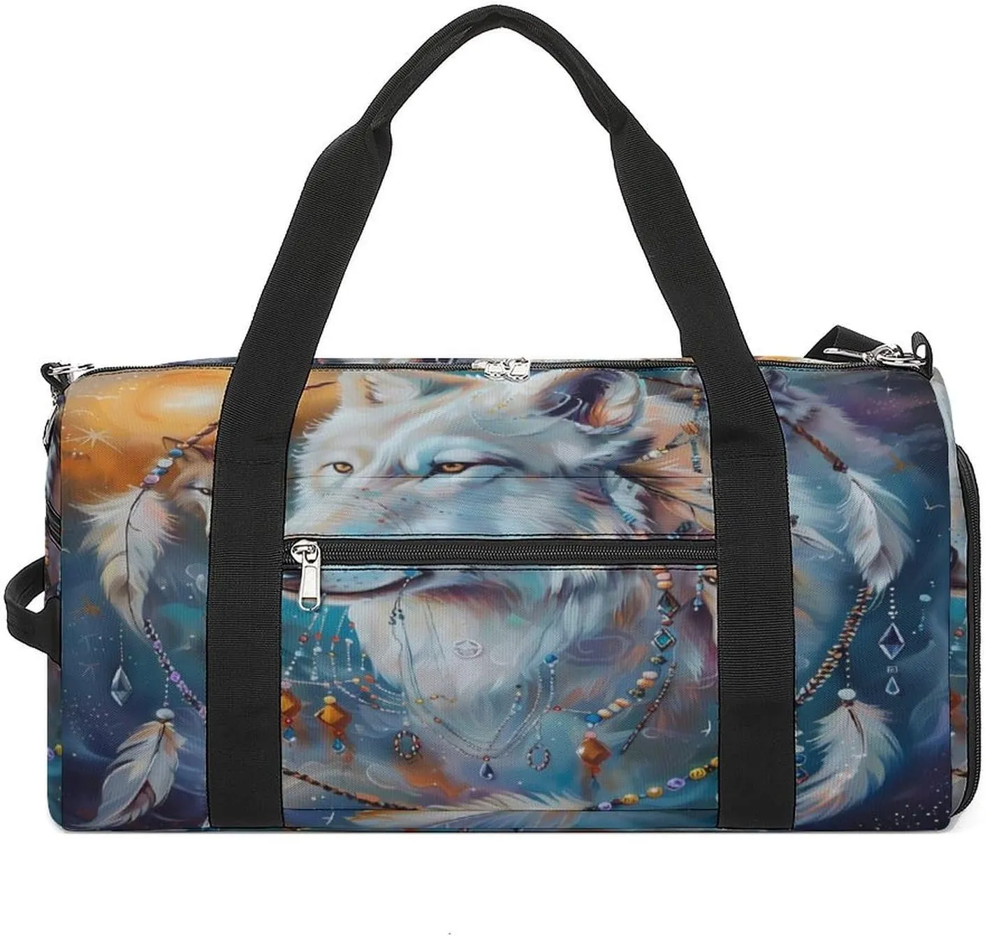 White Wolf with Dream-catcher Travel Gym Bag Sport Workout Duffel Bags with Compartments And Side Pocket