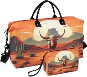 Wilderness Cactus Cow Sports Gym Bag for Women Men Travel Duffel Bag Weekend Overnight Carry on Bag with Toiletry Bag Training Handbag for Hospital Plane Swimming Yoga Workout