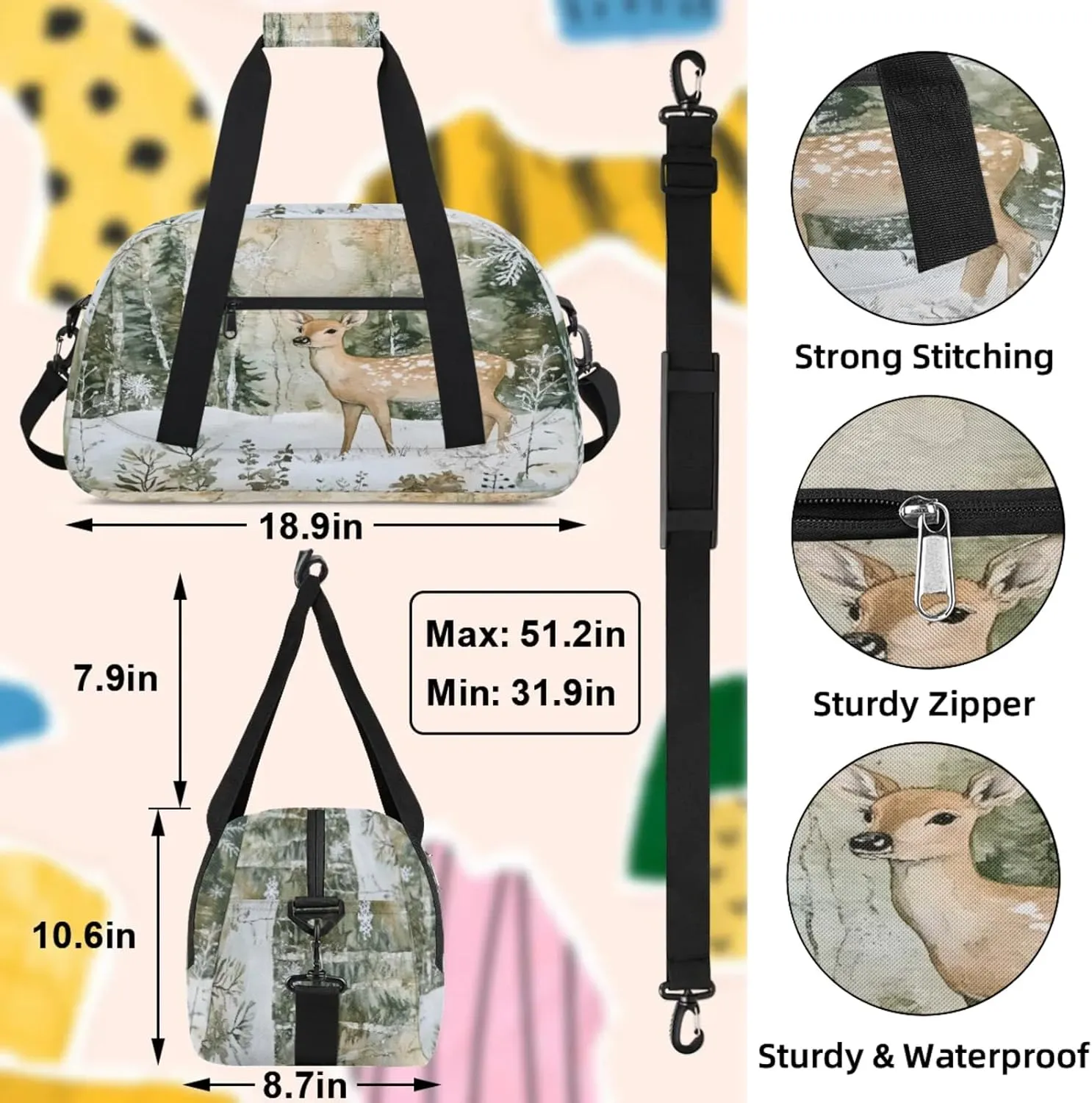 Winter Wonderland Deer Snowflakes Small Gym Bag 18 inch Carry On Duffel Bag for Weekender Travel Sports Workout Yoga Gymnastics Dance Ballet