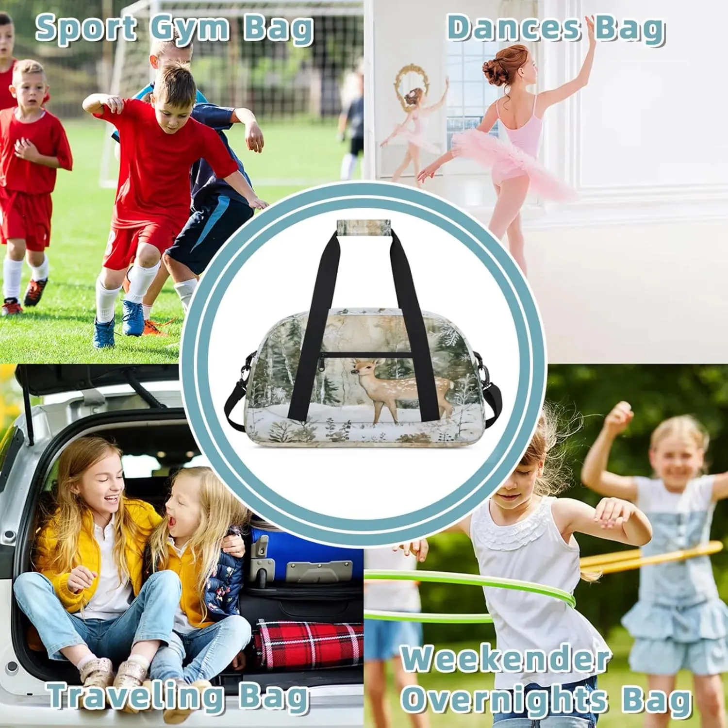 Winter Wonderland Deer Snowflakes Small Gym Bag 18 inch Carry On Duffel Bag for Weekender Travel Sports Workout Yoga Gymnastics Dance Ballet