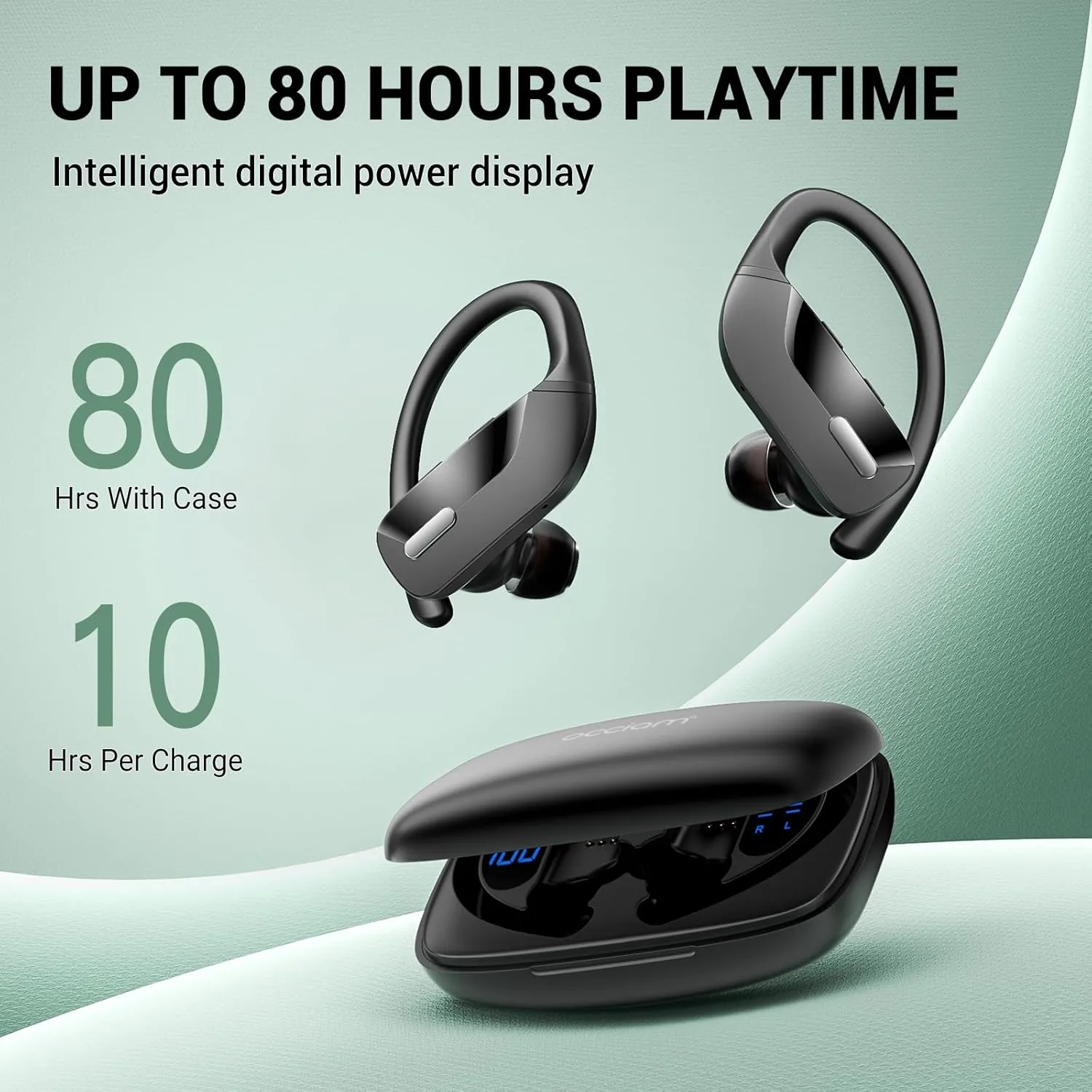 Wireless Earbuds with Earhooks 80Hrs Bluetooth Headphones Over-Ear ENC Noise Canceling Mic Earphones IP7 Waterproof Headset for Sports,Fitness,Workouts and Running Black