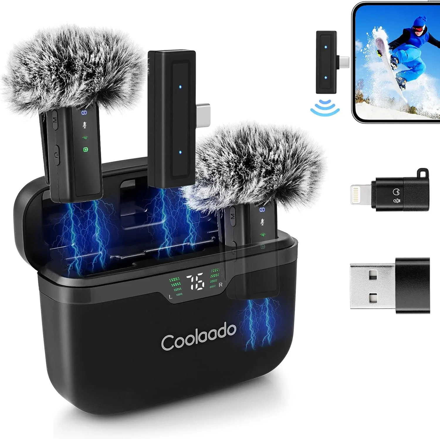 Wireless Lavalier Microphone System with Charging Case, All-in-One Clip-on Lapel Dual Mics with Lightning/USB-C/A Plug, 100ft Range, Noise Cancellation for iPhone/Android/Laptop Video Recording