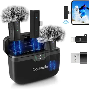Wireless Lavalier Microphone System with Charging Case, All-in-One Clip-on Lapel Dual Mics with Lightning/USB-C/A Plug, 100ft Range, Noise Cancellation for iPhone/Android/Laptop Video Recording