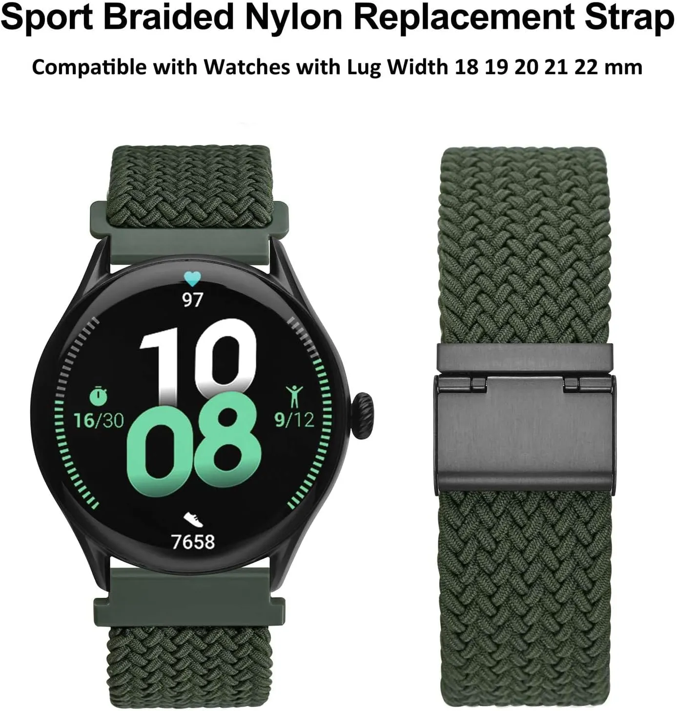 WOCCI 22mm Braided Nylon Watch Bands for Men and Women, 2 Packs Replacement Straps (Black Khaki Green)