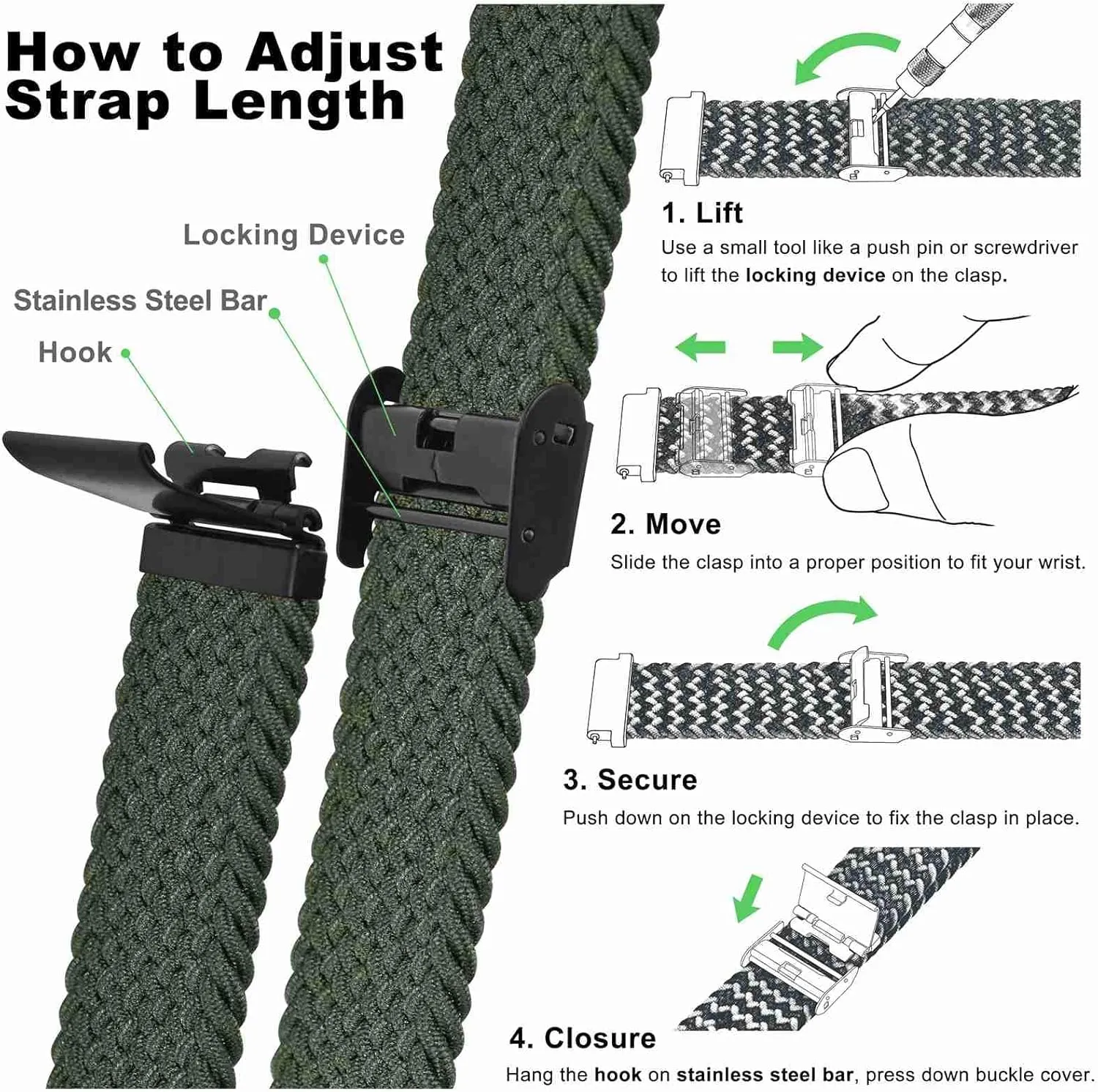 WOCCI 22mm Braided Nylon Watch Bands for Men and Women, 2 Packs Replacement Straps (Black Khaki Green)