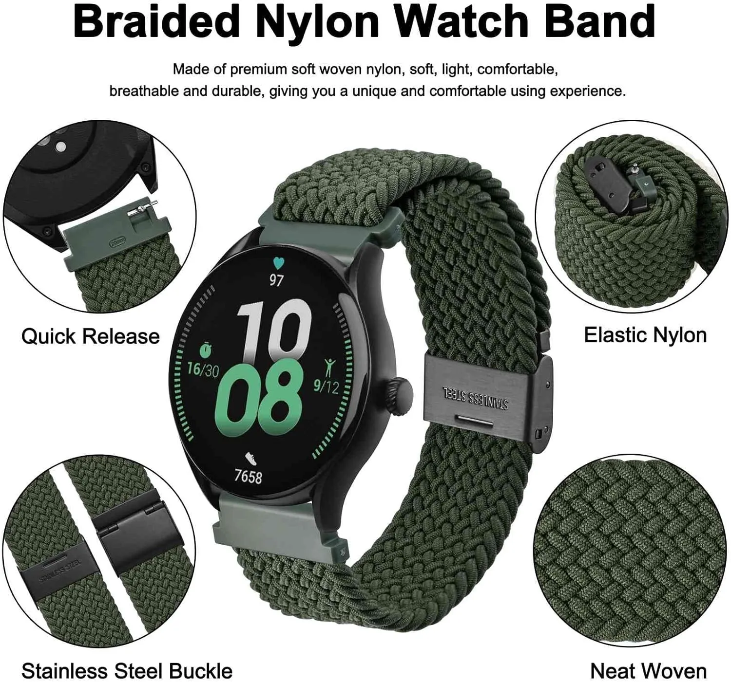 WOCCI 22mm Braided Nylon Watch Bands for Men and Women, 2 Packs Replacement Straps (Black Khaki Green)