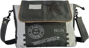 Woman Leather Star Shoulder Bag, Upcycled Canvas And Star Accent, Adjustable Leather Handle (12x9) Inch.
