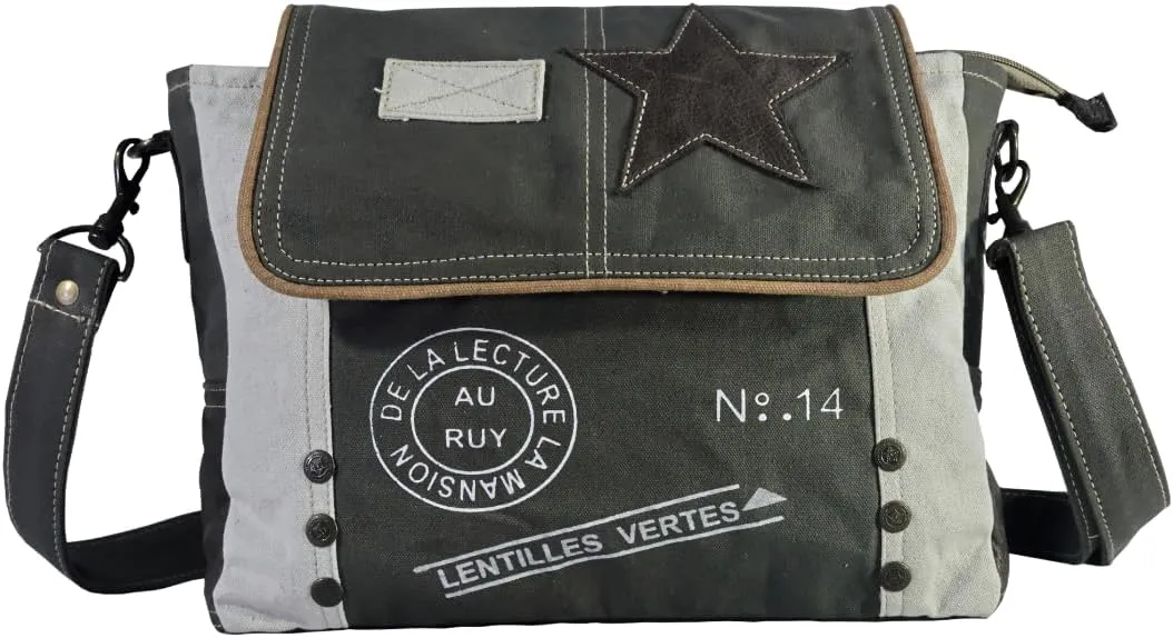 Woman Leather Star Shoulder Bag, Upcycled Canvas And Star Accent, Adjustable Leather Handle (12x9) Inch.